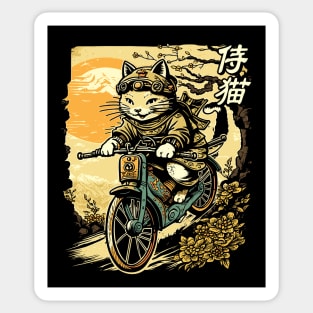 Japanese Samurai Cat on Motorcycle Kawaii Ninja Cat Sticker